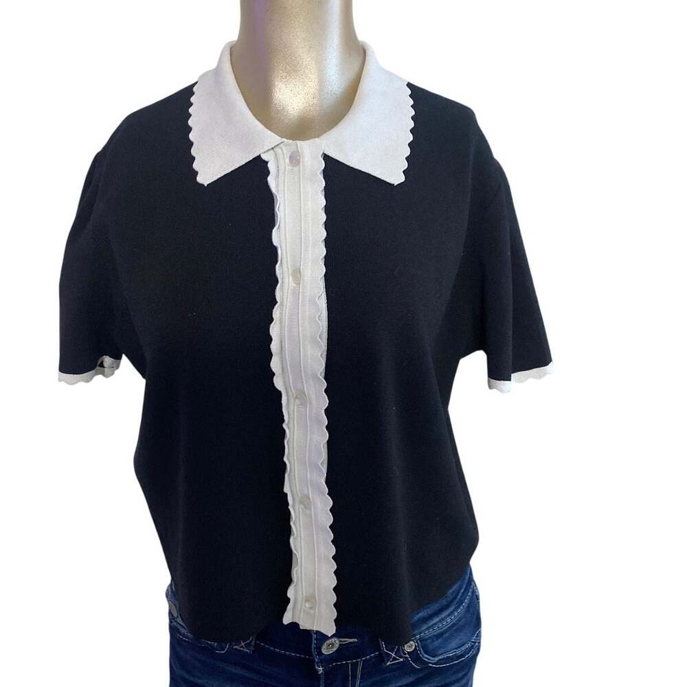 Laundry by Shelli Segal XL Knit Top Black White Scallop Collar Short Sleeve